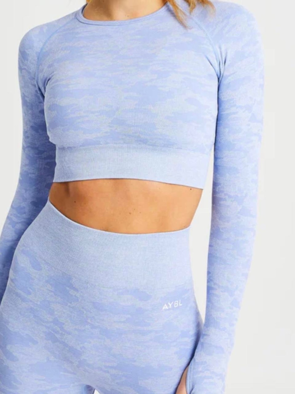 AYBL Pastel Blue & Grey Seamless Long Sleeve Crop Top & Matching Leggings Set